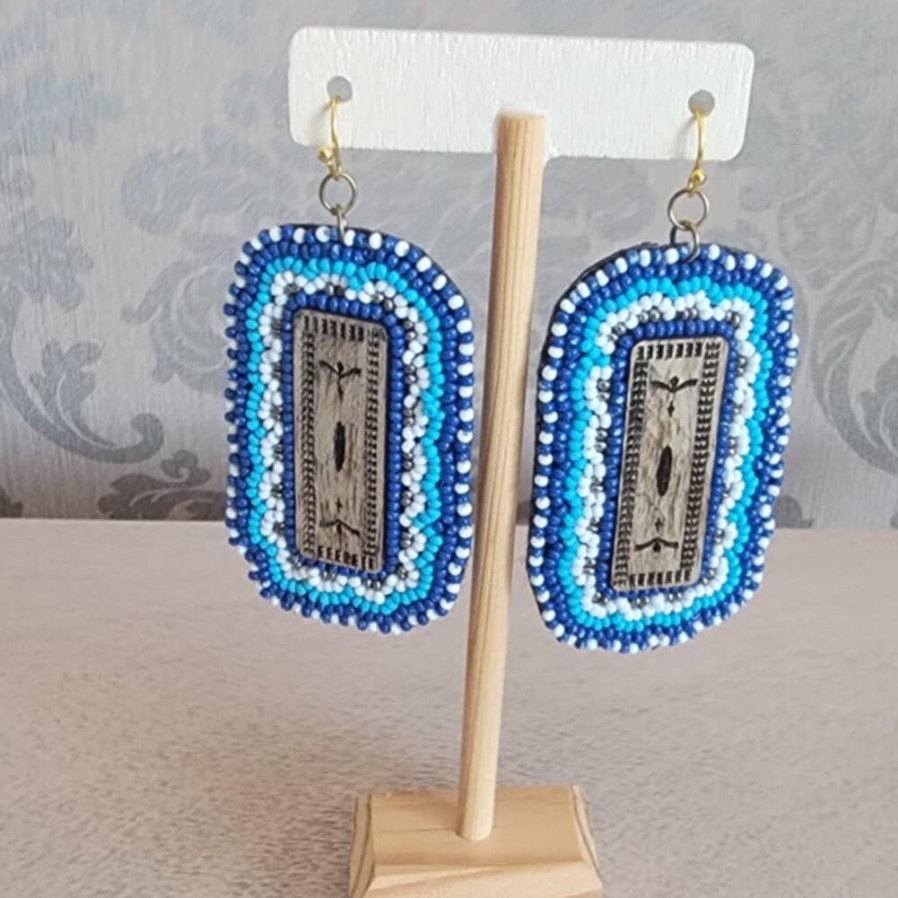 Horseshoe Bend Wood and Turquoise Multi Seed Bead Teardrop Earrings